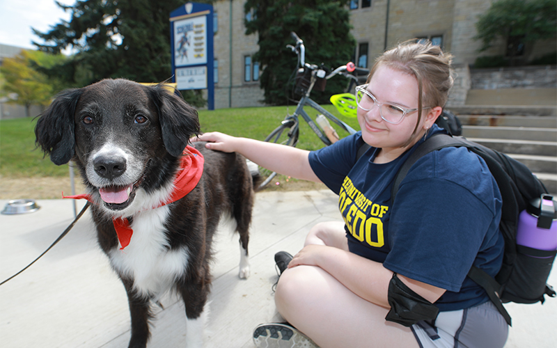 UToledo student sits with therapy service dog outside of the student union