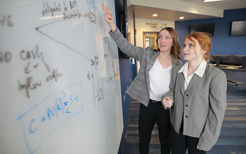 Two accounting students working at a whiteboard with formulas written on it